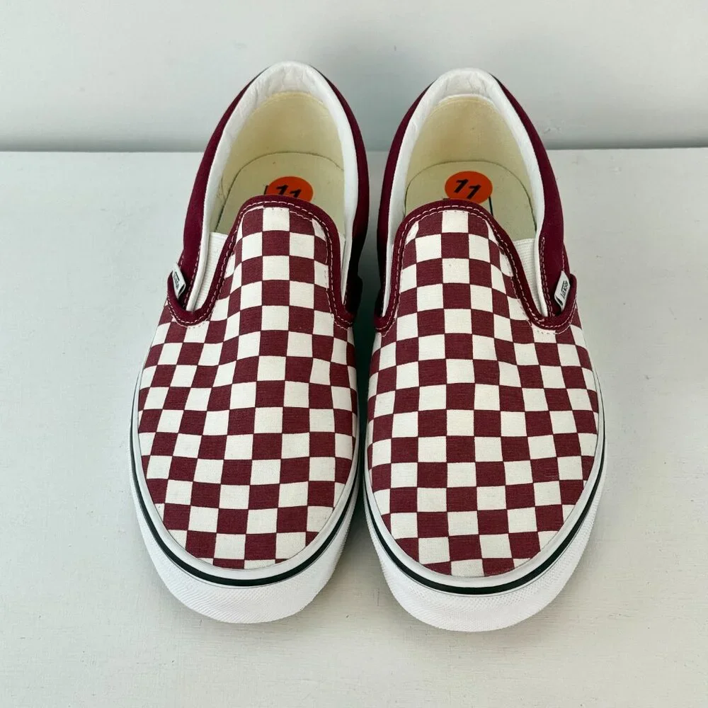 Men's 11 - VANS Classic Slip-On Checkerboard Skateboarding Shoe - Burgundy